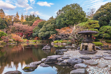 Tokyo Metropolitan Park KyuFurukawa's japanese garden's Yukimi stone lantern overlooking by red maple momiji leaves in autumn.