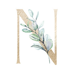Letter N, gold floral alphabet with watercolor leaves eucalyptus. Monogram initials perfectly for wedding invitations, greeting card, logo and other design. Holiday decoration hand painting.