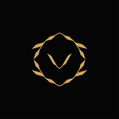 Initial letter V monogram logo, decorative ornament emblem badge, , elegant luxury gold color on black background
