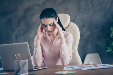 Low below angle view photo of exhausted ill hurt ceo sad unhappy upset with her head dizzy tired of...