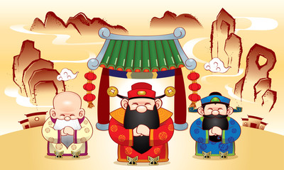 Naklejka premium Three cute Chinese gods which represent long life, wealth and career, and a ink painting style background.