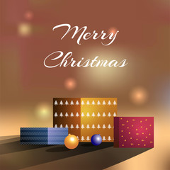 Cute "Merry Christmas" card design with gift boxes on the blurred background. Vector illustration perfect for greeting card, poster, cover, banner. 