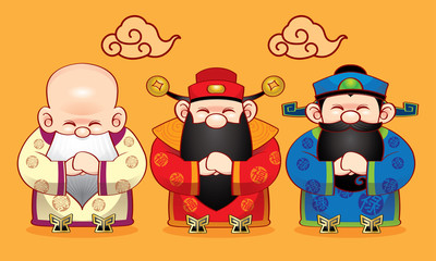 Three cute Chinese gods which represent long life, wealth and career, with greeting posts. 