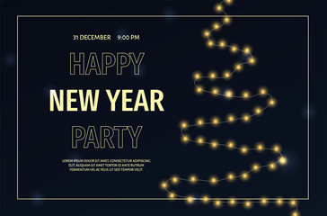 "Happy New Year Party" flyer design with garland on the black background. Perfect for poster, card, invitation, flyer.
