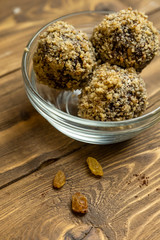 Various of round raw organic sweets with cacao chocolate and sesame. Homemade cooking