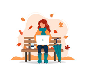 Woman with laptop sitting on bench in autumn. Vector illustration in flat style