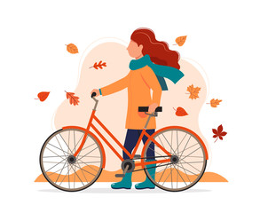 Woman with a bike in autumn. Vector illustration in flat style