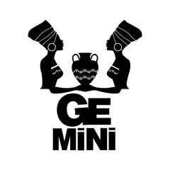 Tribal zodiac. Gemini. Two women with turbans and large round earrings holding a vessel between the two, isolated on white background