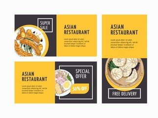 Asian restaurant advertising flyers templates set. Oriental cuisine cafe promo leaflets design layouts. Hand drawn exotic dishes. Special offer banner with realistic illustrations and place for text.