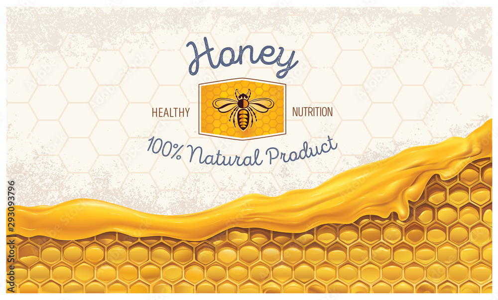 Wall mural honey combs with honey, and a symbolic simplified image of a bee as a design element on a textural b