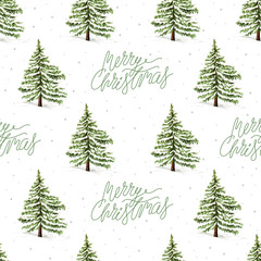Fototapeta premium Merry Christmas lettering and Xmas tree in snow, Christmas holidays seamless pattern