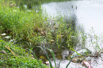 Fototapeta na wymiar Plastic pollution in water pond environment