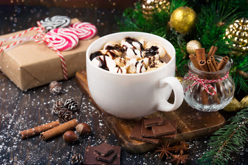 Сup with Christmas hot drink, Marshmallows and Candy Canes