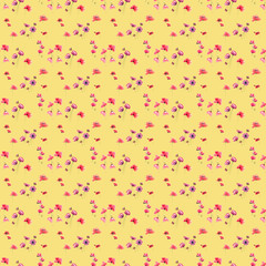 Seamless watercolor hand drawn pattern of poppy flower on yellow background