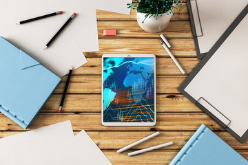 Digital tablet closeup top view with financial graph and partial world map on screen. Online international trading application concept. 3d rendering.