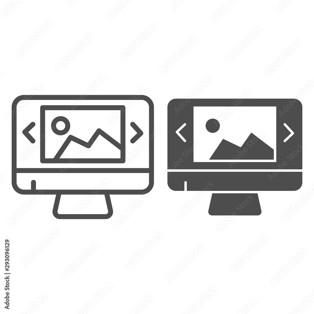 Poster computer monitor with picture line and glyph icon. graphic design vector illustration isolated on wh
