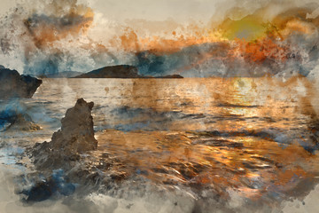 Digital watercolor painting of Stunning landscape dawn sunrise with rocky coastline and long exposure Mediterranean Sea