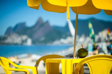 Aluminium Prints Rio de Janeiro Colorful morning view from the chairs of a sidewalk cafe at the Arpoador overlook on Ipanema Beach in Rio de Janeiro, Brazil