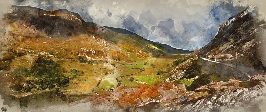 Digital watercolor painting of View from Ogwen along Nant Ffrancon valley in Snowdonia National Park