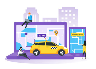 Online taxi, car sharing service, mobile city transportation concept. People ordering taxi cab using mobile application service with route and points location on city map