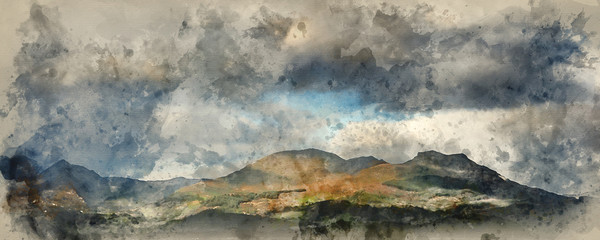 Digital watercolor painting of Panorama landscape Snowdonia National Park Wales United Kingdom