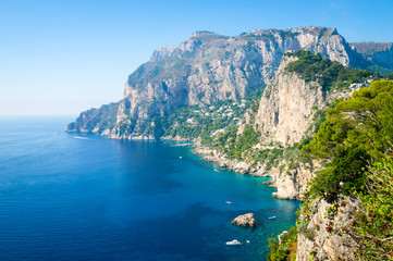 Bright scenic morning view of the dramatic cliff landscape of the Mediterranean island of Capri, Italy
