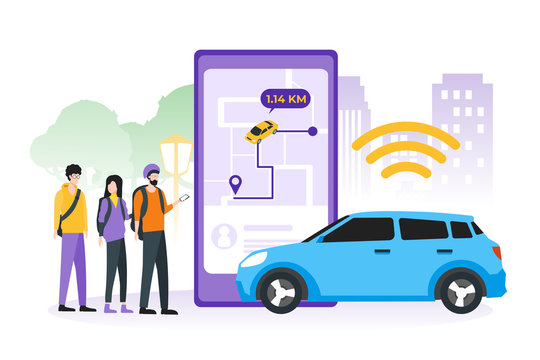 People using smartphone app to order taxi cab. Car sharing service, online taxi, rent car, mobile city transportation concept