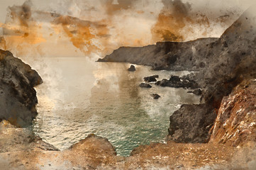 Obraz na płótnie Canvas Digital watercolor painting of Spring sunset at high tide at Kynance Cove