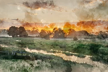 Abwaschbare Fototapete Nach Farbe Digitale Aquarellmalerei des schönen lebendigen Sommersonnenaufgangs über der englischen Landschaftslandschaft