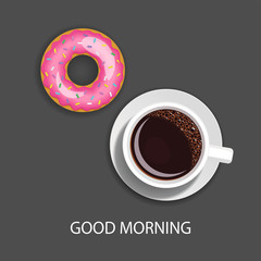 Breakfast time. Realistic coffee and  donut, on dark background. Vector illustration