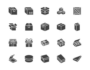 Box flat glyph icon set. Carton, wood boxes, product package, gift vector illustrations. Simple black signs for delivery service. Silhouette pictogram pixel perfect 64x64