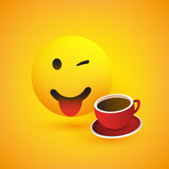 Smiling Emoji with Stuck Out Tongue - Simple Happy Emoticon with Winking Eye and a Cup of Coffee on Yellow Background - Vector Design