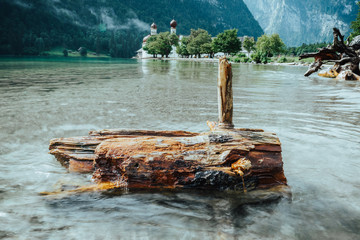 A piece of wood in the Königssee in front of the St. Bartholomew's church in Bavaria, Germany