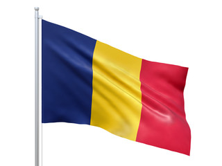 Chad flag waving on white background, close up, isolated. 3D render