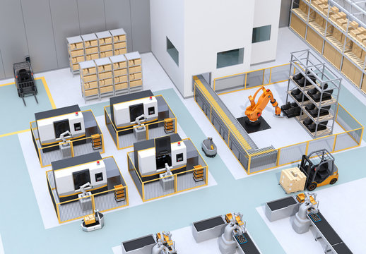 Mobile robots, dual-arm robots, heavy payload robot cell and CNC machines in smart factory. 3D rendering image.