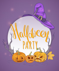 Halloween party. Flyer with pumpkins, witch hat and dry branches