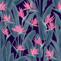 Behang Strelitzia reginae tropische bloemen vector naadloze patroon. Jungle exotische tropische plant stof ontwerp. Zuid-Afrikaanse plant tropische bloesem van kraanbloem, strelitzia. Textielprint met bloemen. © SunwArt