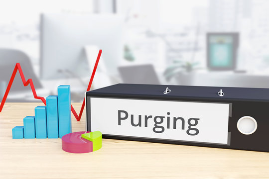 Purging &ndash; Finance/Economy. Folder on desk with label beside diagrams. Business/statistics. 3d rendering