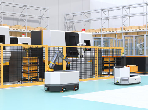 Mobile robots passing CNC robot cells in factory. Smart factory concept. 3D rendering image.