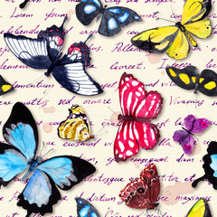 Butterflies and hand written text note. Seamless pattern with exotic butterfly. Watercolor