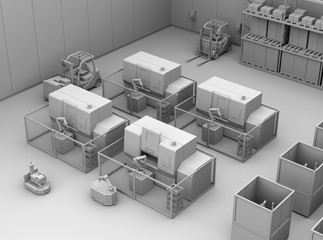 Clay rendering of mobile robots passing CNC robot cells in factory. Smart factory concept. 3D rendering image.