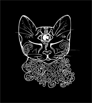 An illustration of a psychedelic cat. Black and white drawing of a cat. Chalk on a blackboard.