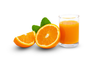 Orange juice in glass with fresh orange slice and green leaf. isolate on white
