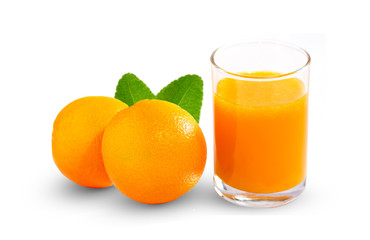 Orange juice in glass with fresh orange and green leaf. isolate on white