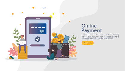 E-commerce market shopping online illustration with tiny people character. mobile payment or money transfer concept. template for web landing page, banner, presentation, social media, print media.