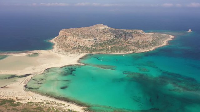 Aerial view on Tigani cape and Balos lagoon with sandy sea beach. Crete, Greece.