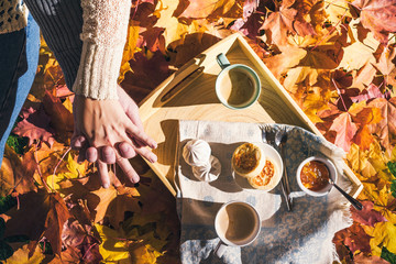 Couple of man and woman having morning breakfast in the autumn garden with colorful maple leaves. cup of coffee, marshmallow jam and a cheese pancake on a wooden tray.  Aerial view