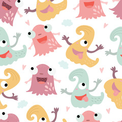 Funny monsters. Lovely seamless pattern for children designs. Sweet smiling creatures in bright colors in vector. Awesome childish background