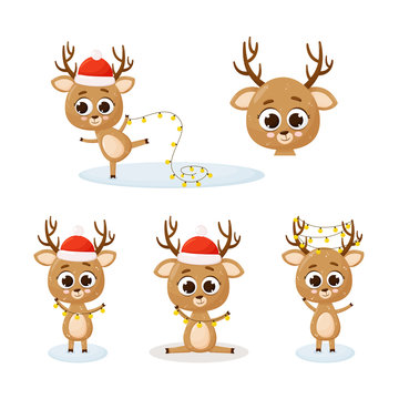 Christmas deer. Vector illustration. Isolated on white background. Cute cartoon deer. 