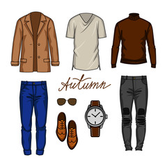 Color vector illustration of an urban outfits for a male wardrobe. Male modern wardrobe for the autumn season.